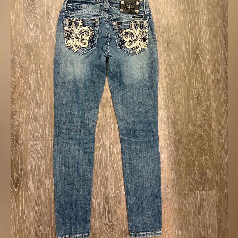 Miss Me Medium Blue Skinny Jeans with Embroidered Fleur-de-Lis Pockets